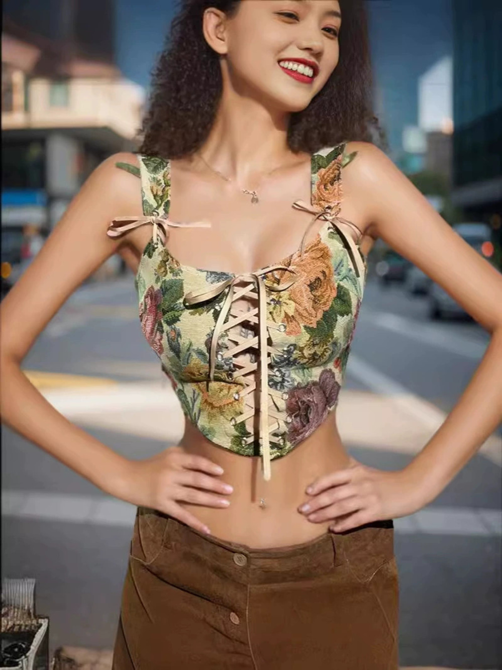 Square Neck Tie Strap Hot Printed Slim Fit Cami Top - Picture 5 of 6